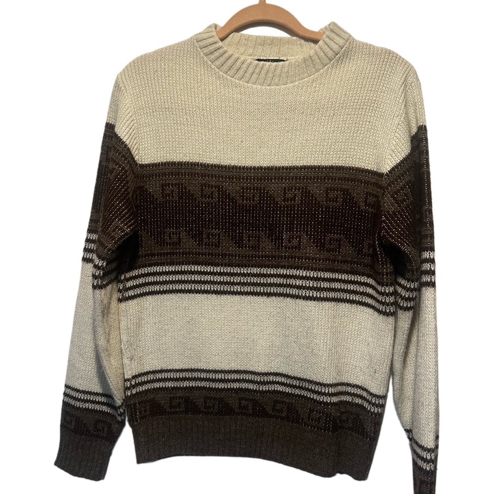 Vintage‎ grandpa sweater size m cream and brown stripe and symbol